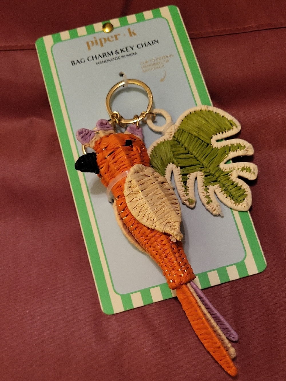 Piper K Orange Parrot Keychain Bag Charm  with Green Leaf Accent TI Te